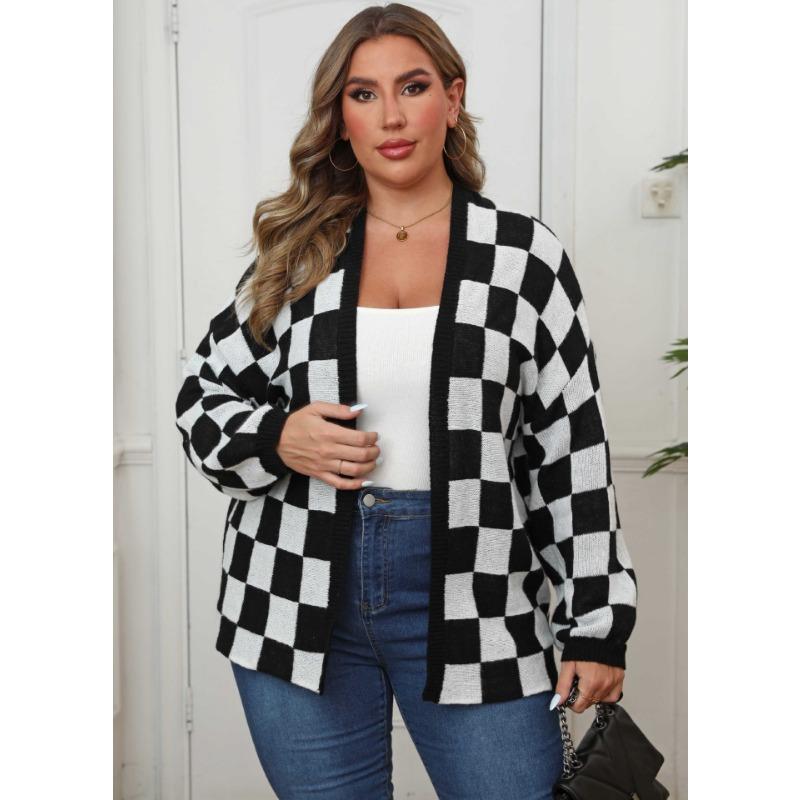 Damen S Übergröße Schachbrettmuster Farbblock Locker gestrickter Cardigan