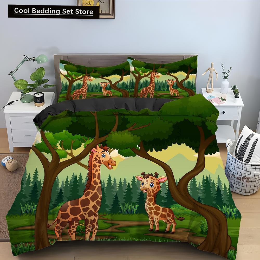 Cartoon Giraffe King Queen Duvet Cover Kids Girls Boys Animal Bedding Set Wildlife Quilt Cover 2/3pcs Polyester Comforter Cover