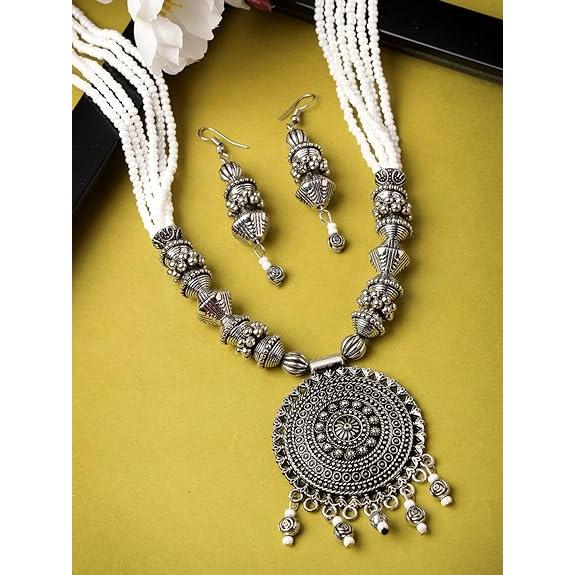 

Оксидированные посеребренные стильные бусы, длинное ожерелье и серьги | Комплект украшений для женщин