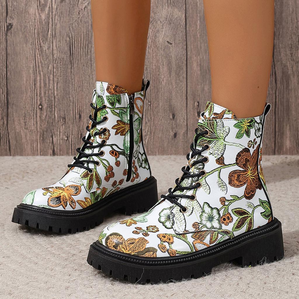 Fashion Women's Flowers Printed Short Boots Autumn Winter New Fashion Comfortable Casual Shoes Thick Middle Heel Side Zip Ankle Botas