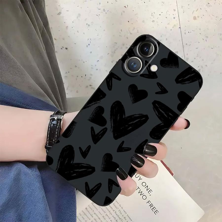 Creative Love Heart Case for iPhone 15 16 14 Plus 17Air XS Max XR 13 12 11 17 Pro Max 7 8 Black Soft Phone Cover