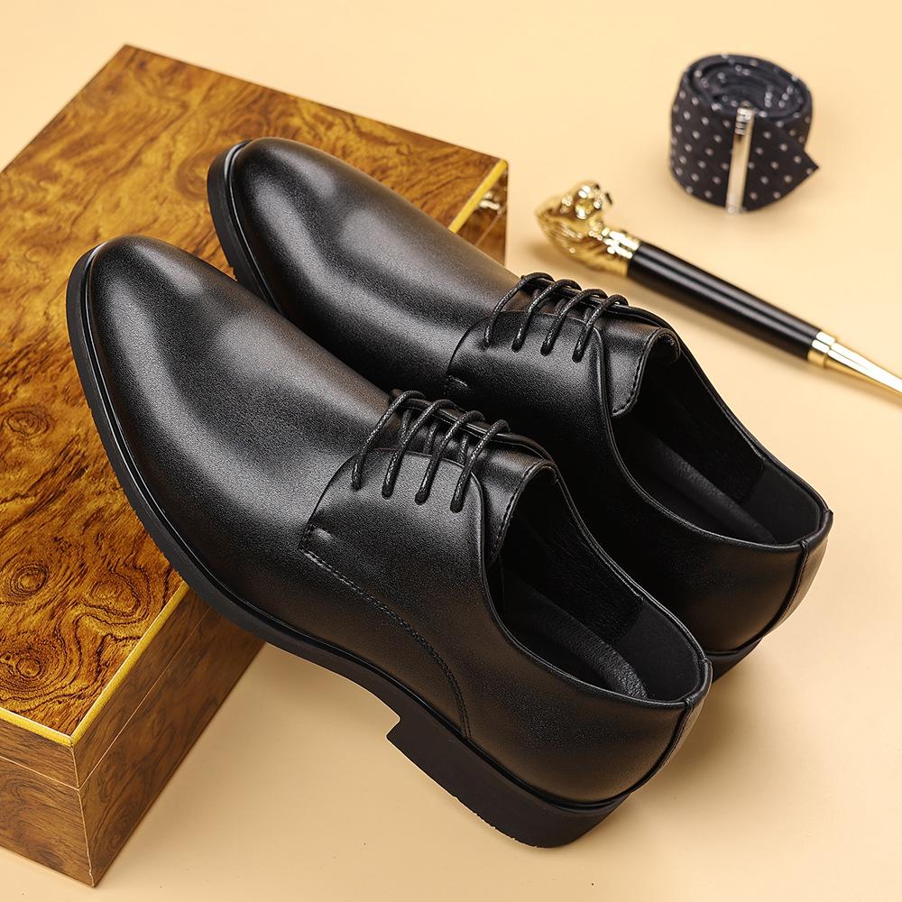 Youthful Outdoor Men's Leather Shoes with Built-in Heel Lift Soft Soles Trendy Versatile Formal Business All-season Durable Casual Comfortable Shoes