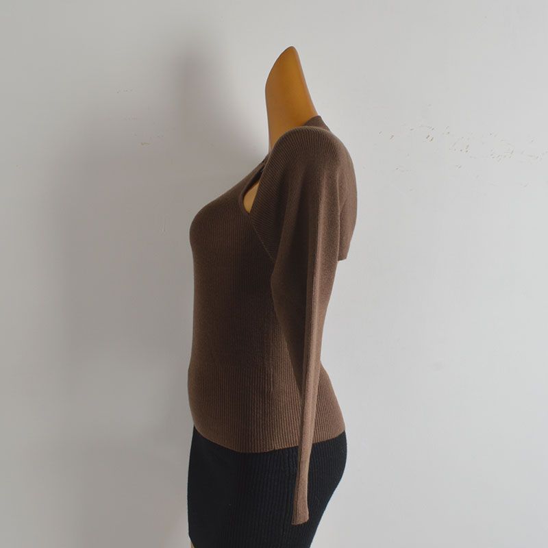 Fashion Style Sexy Sexy Hollow out Shoulder-Baring Long Sleeves Knitwear Women's Spring & Fall New Arrival Silm Elegant Backless Bottoming Shirt