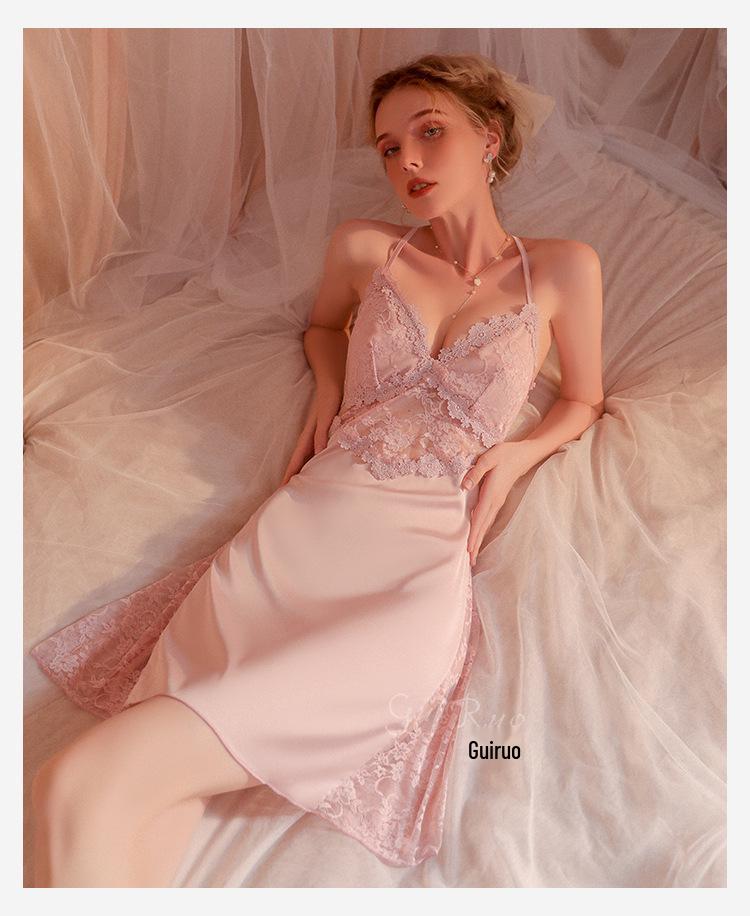 Satin Backless Lace Nightgown with Padded Deep V & Tie-Waist Robe Set