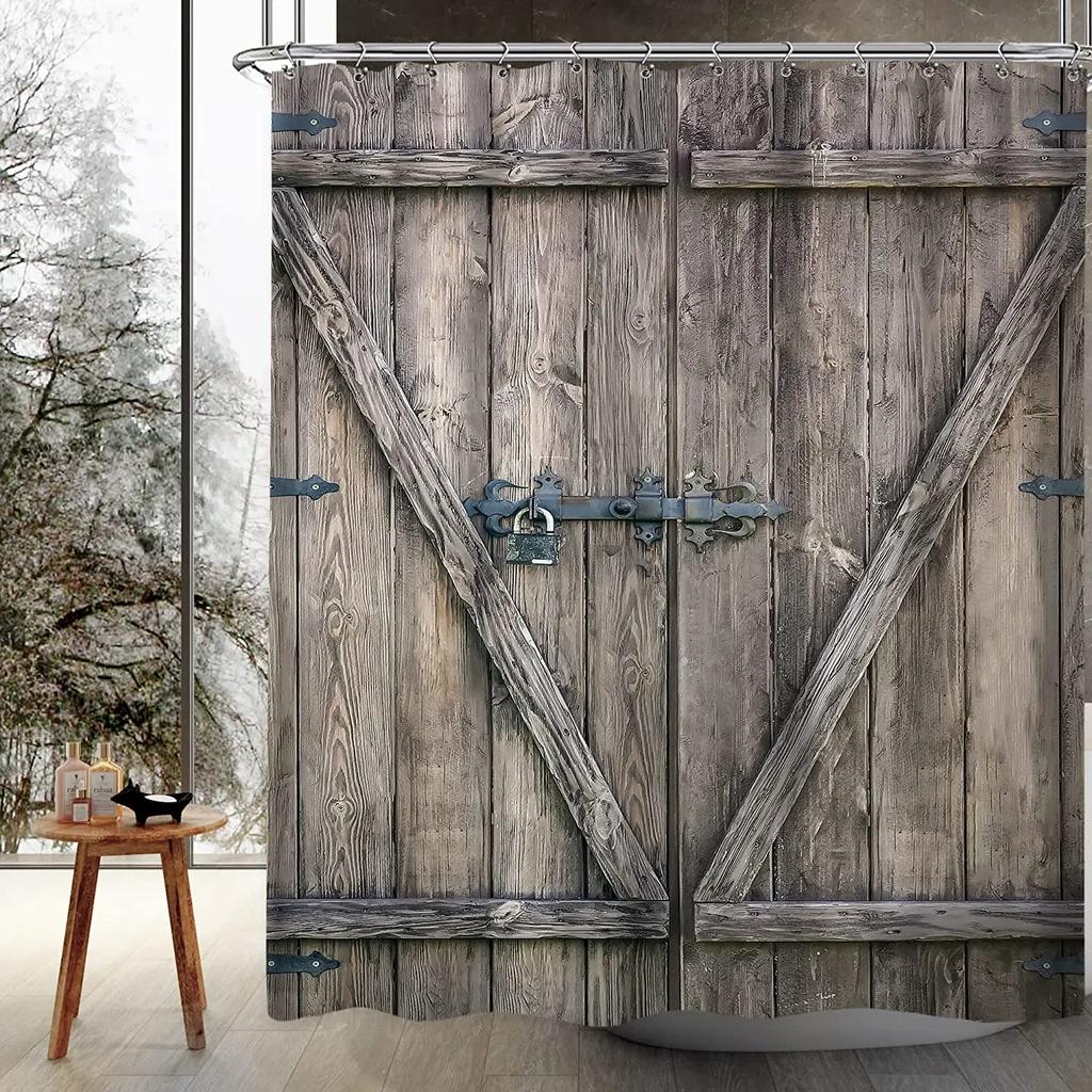 Retro Holzmaserung Duschvorhang Braun Alte Hartholzdiele Natürlich Ländlich Grafikdruck Stoff Badezimmerdekor Set Mit Haken
