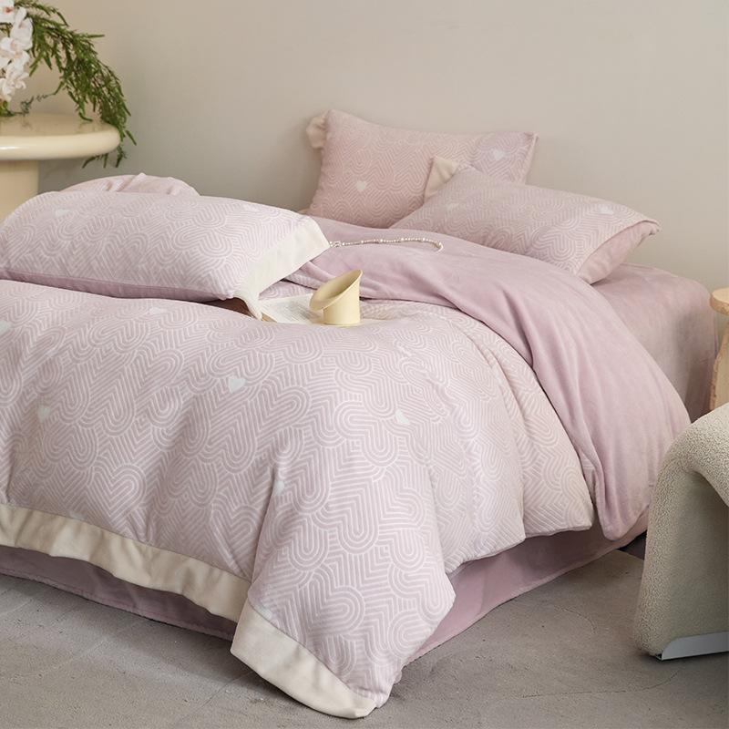 Thickened Milk Fleece Four-Piece Korean Carved Coral Fleece Double-Sided Flannel Quilt Cover Bed Sheet Bedding