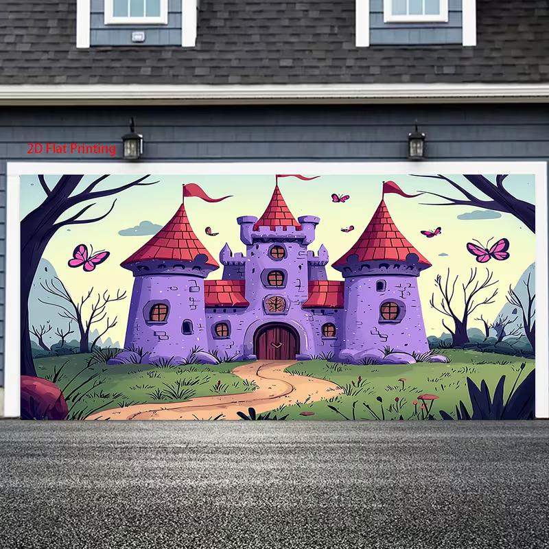 2D Cartoon Princess Castle Backdrop with Purple Castle and Butterflies Photography Background