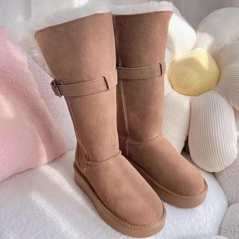 Fashion 2025 Winter Women's Keep Warm Short Plush Flat Suede New Platform Knee High Boots for Women Outdoor Casual Cotton Shoes 35-40