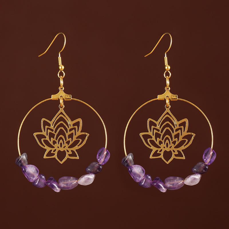 Charm Gold Color Circular Hollowed-out Lotus Colorful Irregular Crystal Beaded Stainless Steel Dangle Earrings for Women Jewelry