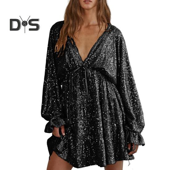 

Платье для вечеринки в женском клубе с глубоким V-образным вырезом, сверкающими пайетками, свободным однотонным цветным платьем с длинными рукавами, бантом, шнуровкой на бретелях, утягивающим мини-платьем S чёрный