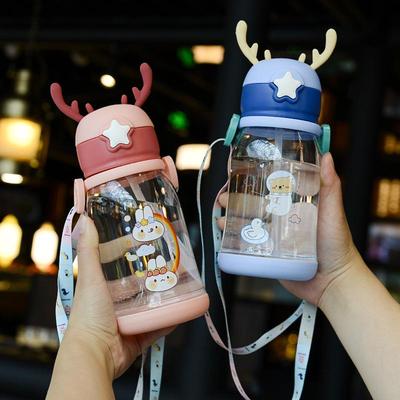 Children's Cartoon Antler Straw Cup - Portable Summer Outdoor Plastic Water Cup with Strap