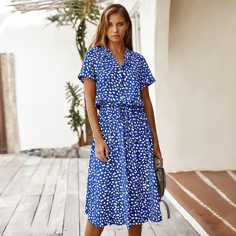 fashion women's clothing, Amazon's summer polka dot short-sleeved medium and long dress