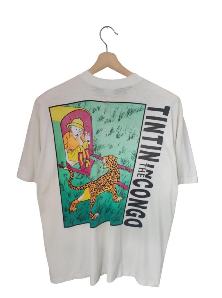 90er Jahre Vintage Tim und Struppi im Kongo Tim und Struppi Abenteuer Tierwelt Cartoon Anime Film / Tim und Struppi Tierwelt Leopard Tim und Struppi hauchdünn Weißes T-Shirt