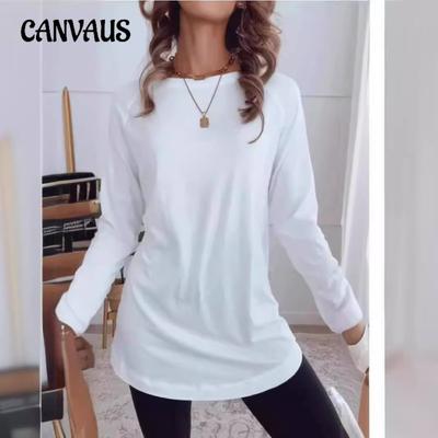 Frühling und Herbst Damen Langarm Einfarbig Rundhals Casual Top