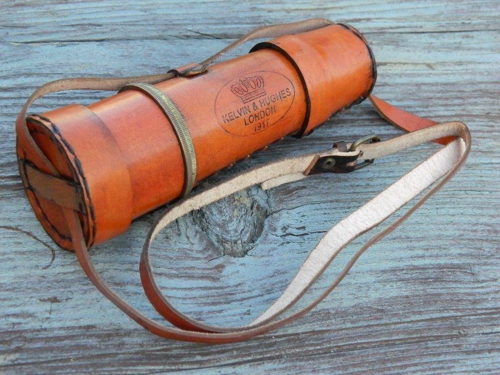 Antique BRASS KELVIN & HUGHES SPYGLASS TELESCOPE WITH LEATHER CARRY CASE