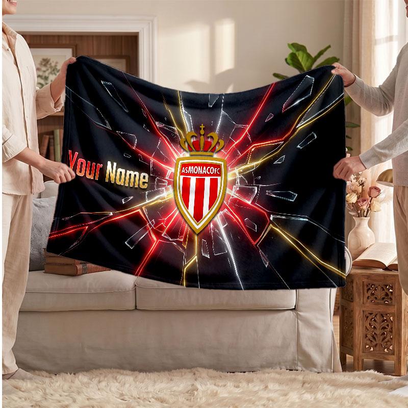 Monaco FC Personalized Fleece Blanket With Football Logo, Custom Name Text Soft Warm Home Throw Blanket