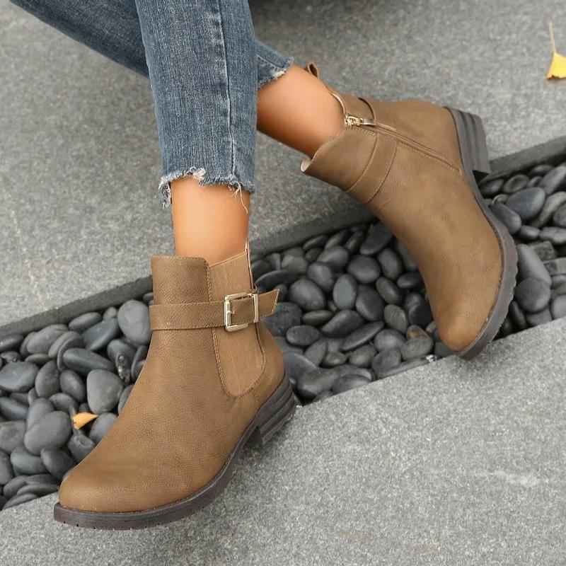 Fashion 2024 Winter High Quality Women's Boots Fashion Solid Color Round Toe Buckle Low Heel Versatile Side Zipper Women's Short Boots