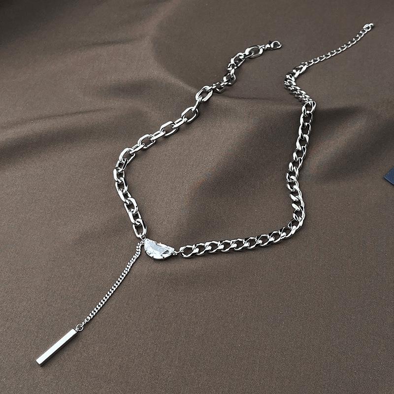 

Steel Titanium Fashionable Necklace With Geometric Zircon Crescent Moon Pendant And Elegant Tassels