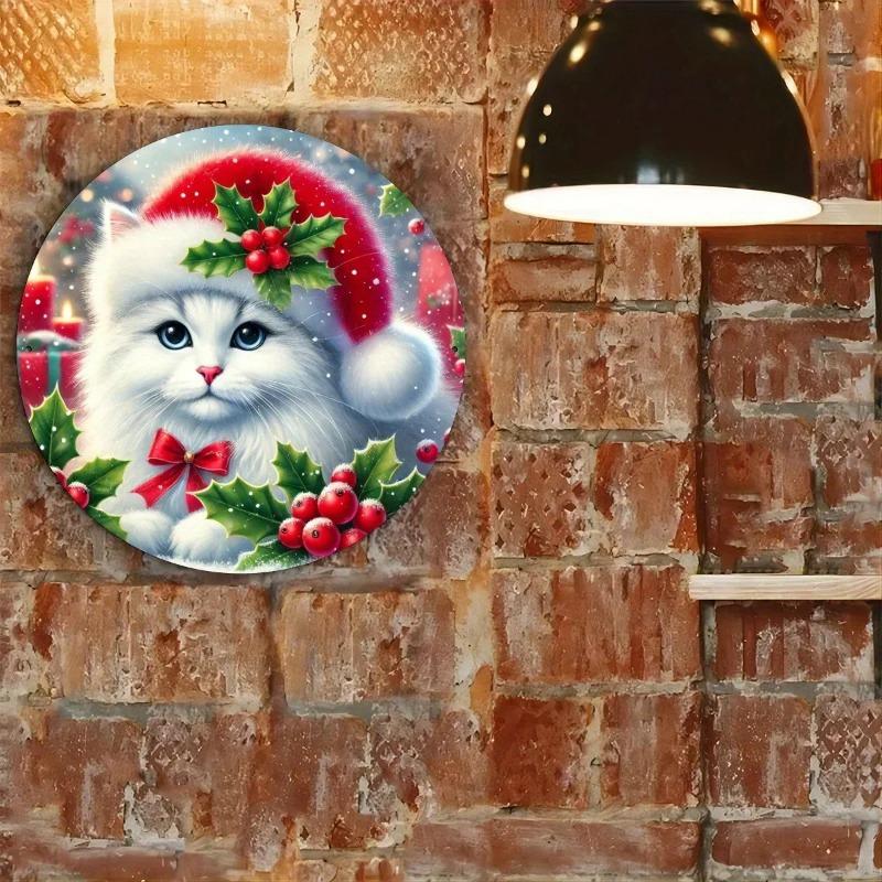 2D Flat Vintage Round Acrylic Christmas Decoration Sign, Santa Hat Cat & Holly, Home Decor Plaque Hanging Wall Art Decorative Garden Decoration for Ro