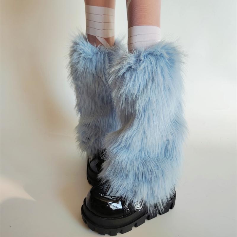 Plush Furry Leg Warmers for Women Cozy Winter Boot Toppers Thermal Warm Blue Fuzzy Foot Covers Footless Socks Gaiters