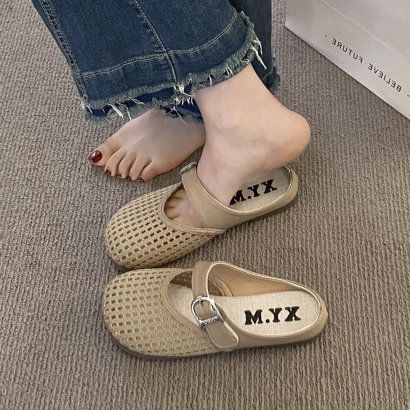 Internet Celebrity Hollow with Skirt Bag Head Slippers 2025 Summer New Popular Flat Bottom Mesh Half Drag Ins Breathable Sandals