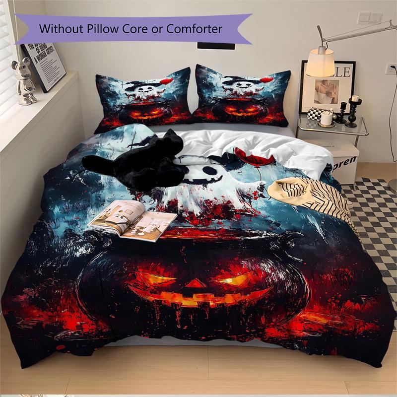 3pcs Halloween Ghost Printed Duvet Cover Set (1 * Cover+2 * Pillowcase, Without Core), Suitable for Home Bedroom, Guest Room, Dormitory Decoratio