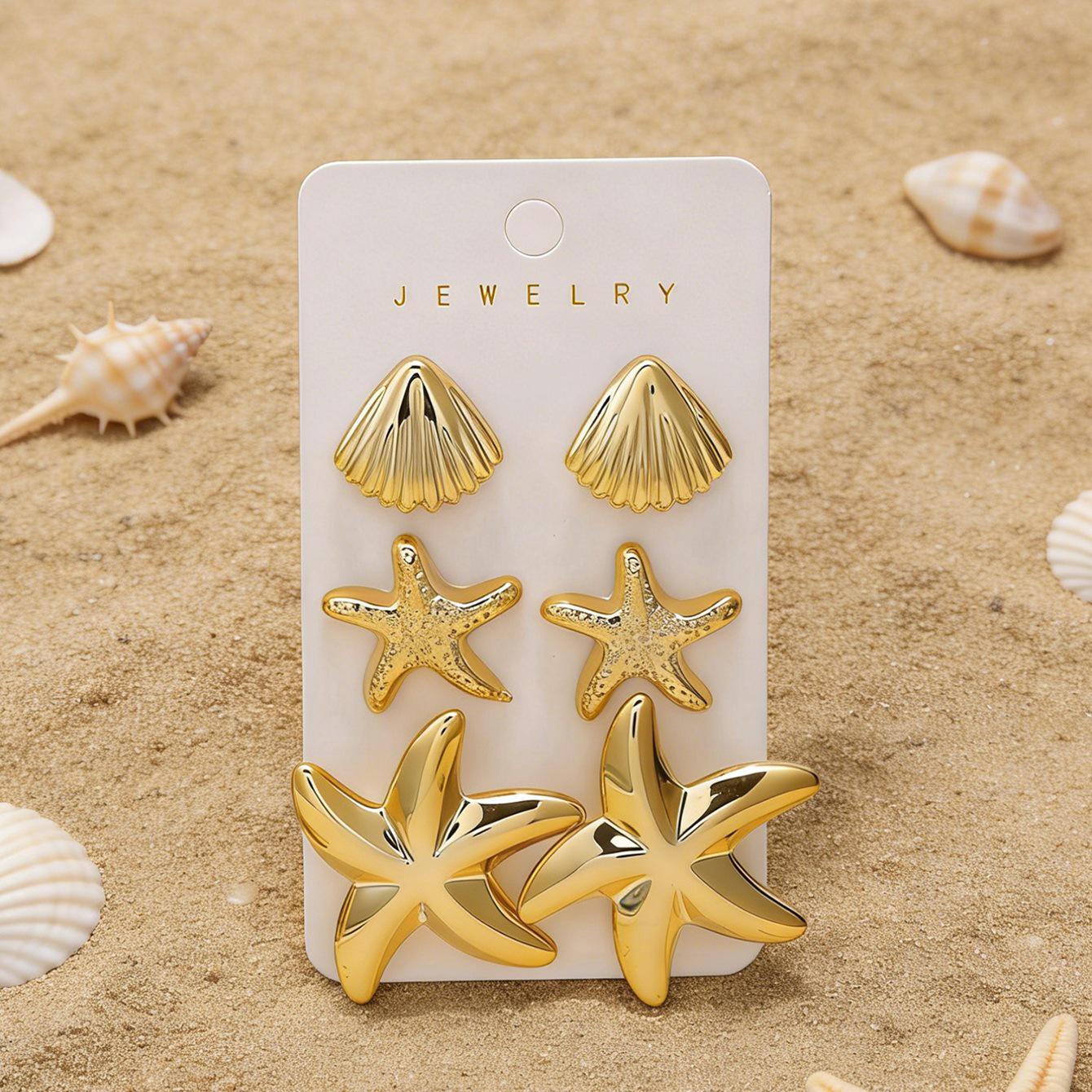 

3 Pairs Geometric Starfish & Seashell Women s Stud Earrings - Summer Fashion Set