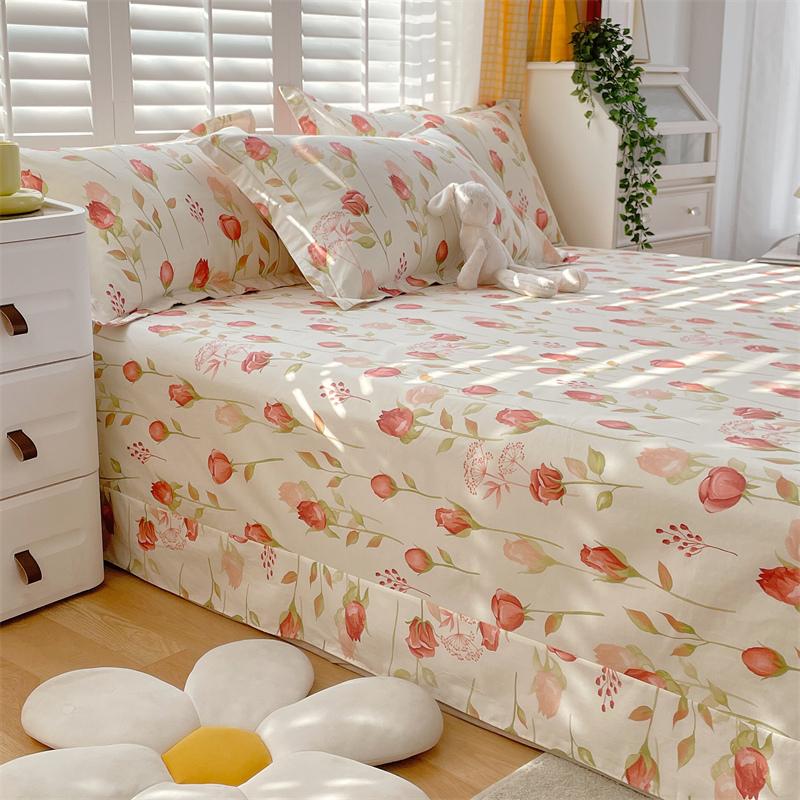 Floral Printed Bed Sheet Set Roses Design Bed Sheets Soft Breathable Fabric Flat Sheet with Pillowcases Queen Size Bedding Set