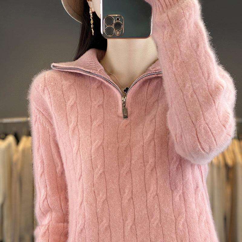 Women's Autumn/Winter High-Neck Wool Cable Knit Cashmere Sweater, Slimming Loose Fit, Soft Half-Zip Pullover