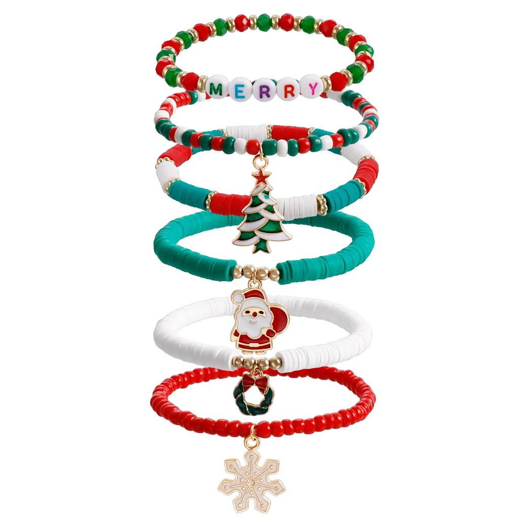 Y2K Polymer Clay Stackable Bracelet Set For Women Santa Claus Tree Elk Deer Snowflake Charm Beaded Bangle Christmas Jewelry