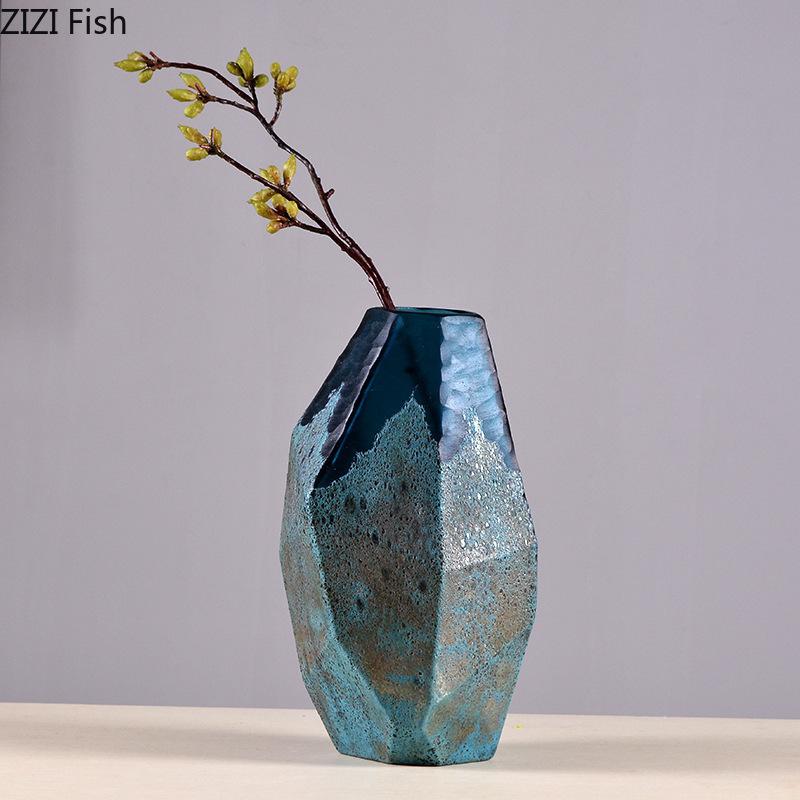 Geometric Texture Glass Vase Modern Blue Flower Pots Desk Decoration Flowers Arrangement Floral Vases Room Aesthetic Decor