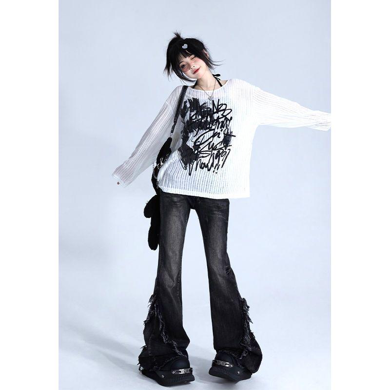 

Women s High-Waisted Gray Micro-Flare Jeans with Stretch, Retro Wash, Raw Hem, and Floor-Length Design. S серый