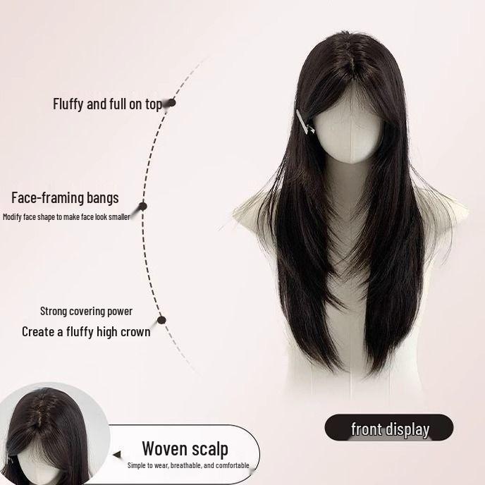 Confession Balloon Women's Long Black Tea-Colored Straight Wig, Natural Lolita Style, Full Head Cover, Middle Part.