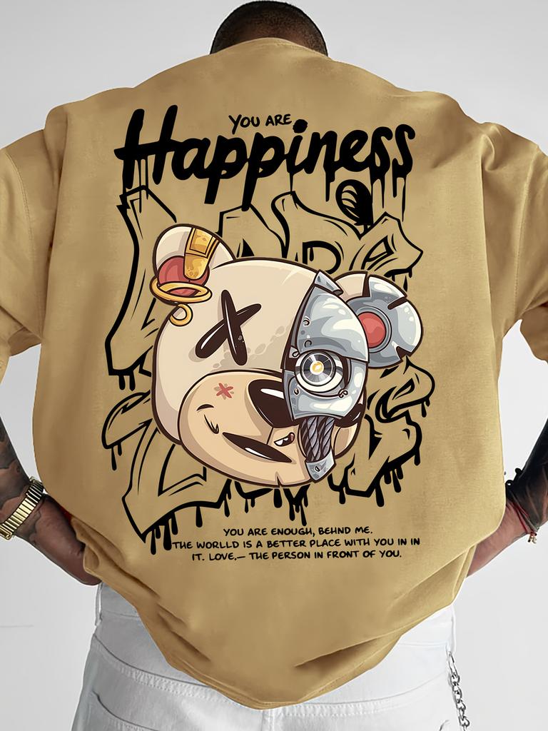 Modny męski nowy letni T-shirt z nadrukiem maszyny, misia i litery, wygodny i oddychający, z okrągłym dekoltem, do noszenia na zewnątrz, w mieście, na ulicy