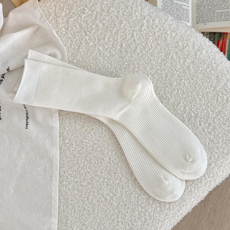 Simple Basic Solid Color Fine Vertical Striped Medium Tube Socks Season Wear With Birkenstocks Stacking Socks