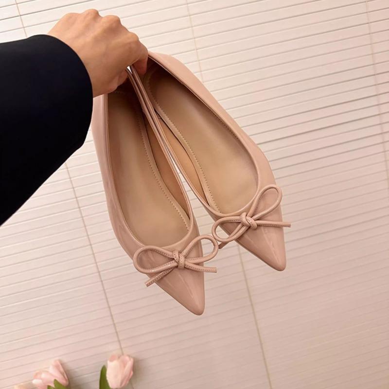 Fashion Heightened Inside Patent Leather Flat Single Shoes for Women New Pointed Toe Shallow Bow Soft Sole Shoes for Women