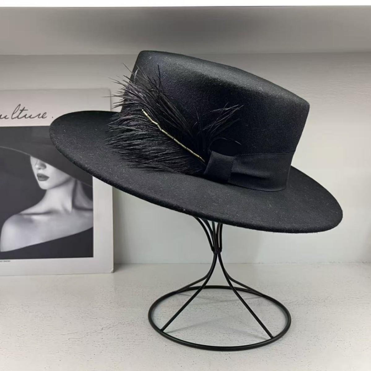 

French noble feminine 100% wool top hat flat top hat 6cm brim dating dating high-end travel hat M（55-58cm） чорний