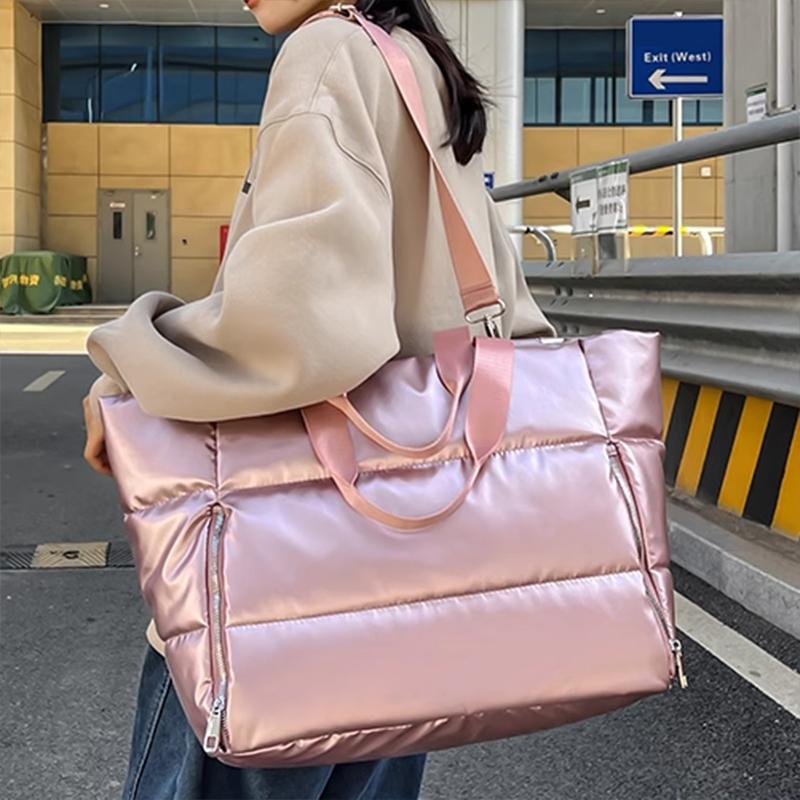 Large Capacity Quilted Nylon Tote Bag for Women Winter Spacious Women's Shoulder Bag for Gym Yoga Shopping Solid Color Padded Space Handbags for Women