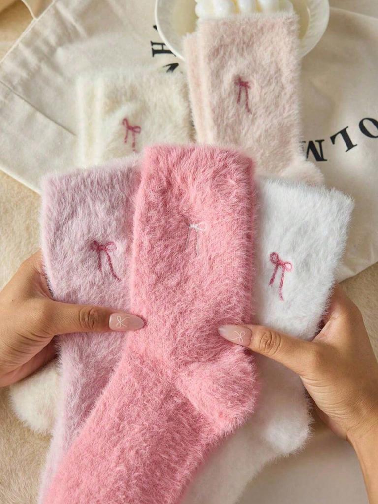 Autumn Winter Fleece Bow-Tie Plush Socks Woman Cute Sweet Mid-Calf Socks Thickened Warm Home Sleep Short Socks for Girls