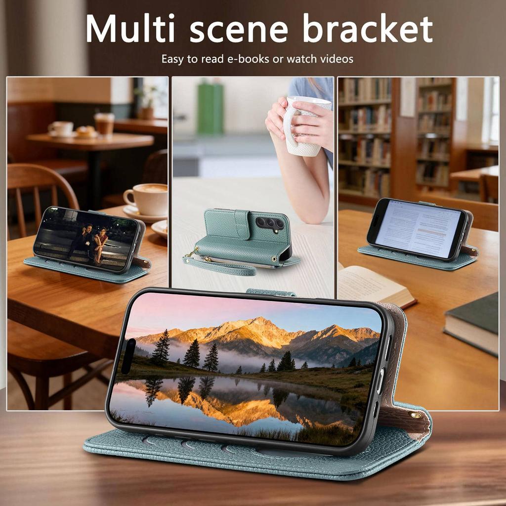 For Samsung Galaxy A57 A56 5G A54 A53 A52 A51 A71 4G A50 A30S Wallet Case - Zipper Purse with Card Holder, Stand, Wrist Strap