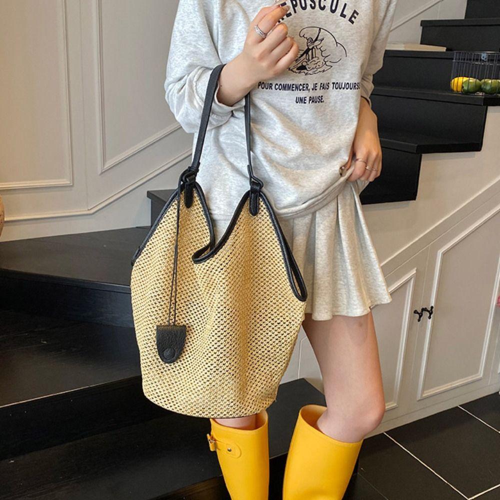 Parent Shoulder Bag Straw Woven Bag Tote Bagwith Sunglasses Clip Hollow Shoulder Bag  Travel