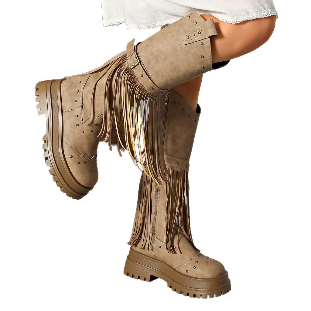 2025 Autumn and Winter Europe and the United States New Belt Buckle Knight Boots Rivet Belt Buckle Foreign Trade Large Size Medium Boots