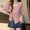 Pink Square Neck Short Sleeve T-shirt Pure Lust Spicy Girl Pleated Design Women Slim Top Casual Solid Color Korean Fashion