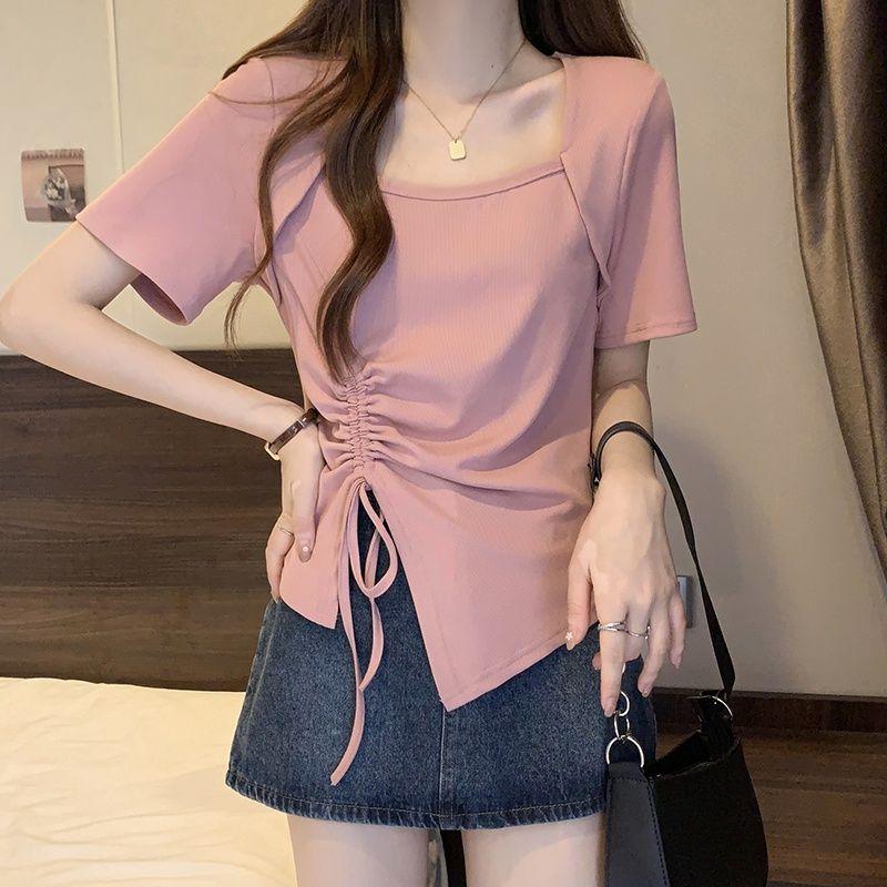 Pink Square Neck Short Sleeve T-shirt Pure Lust Spicy Girl Pleated Design Women Slim Top Casual Solid Color Korean Fashion