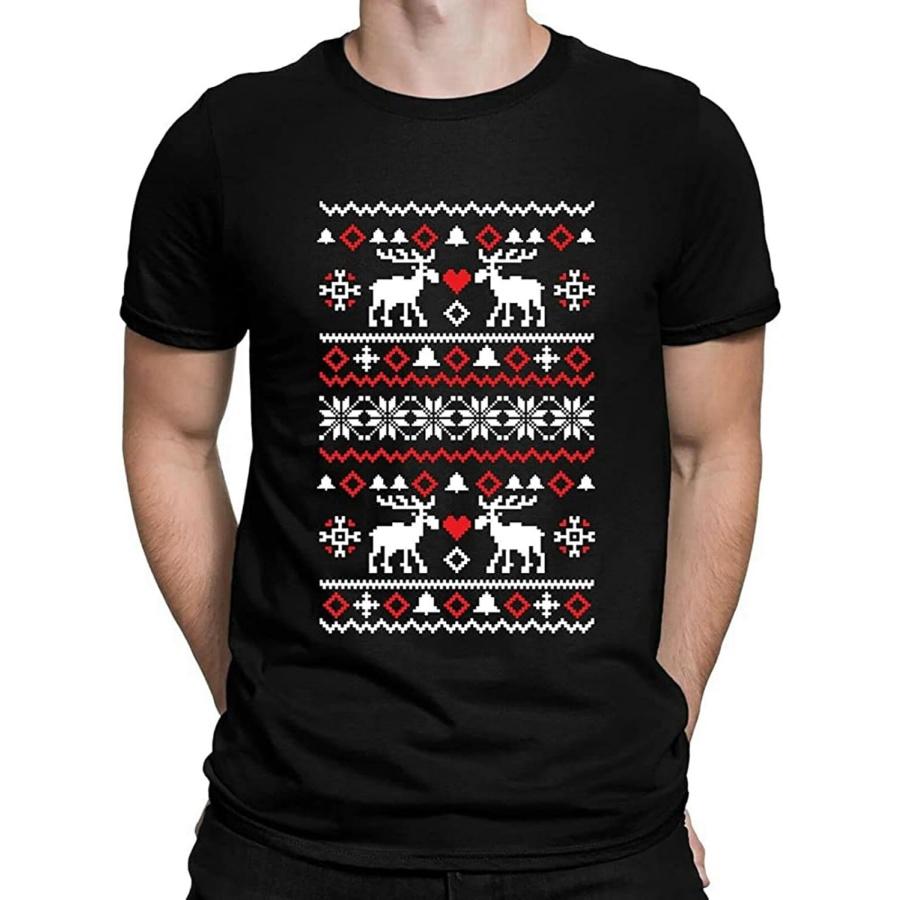 WANGJIA Christmas Pattern Reindeers Snowflakes Festive Mens Black T-Shirt Unisex Tee Clothing S