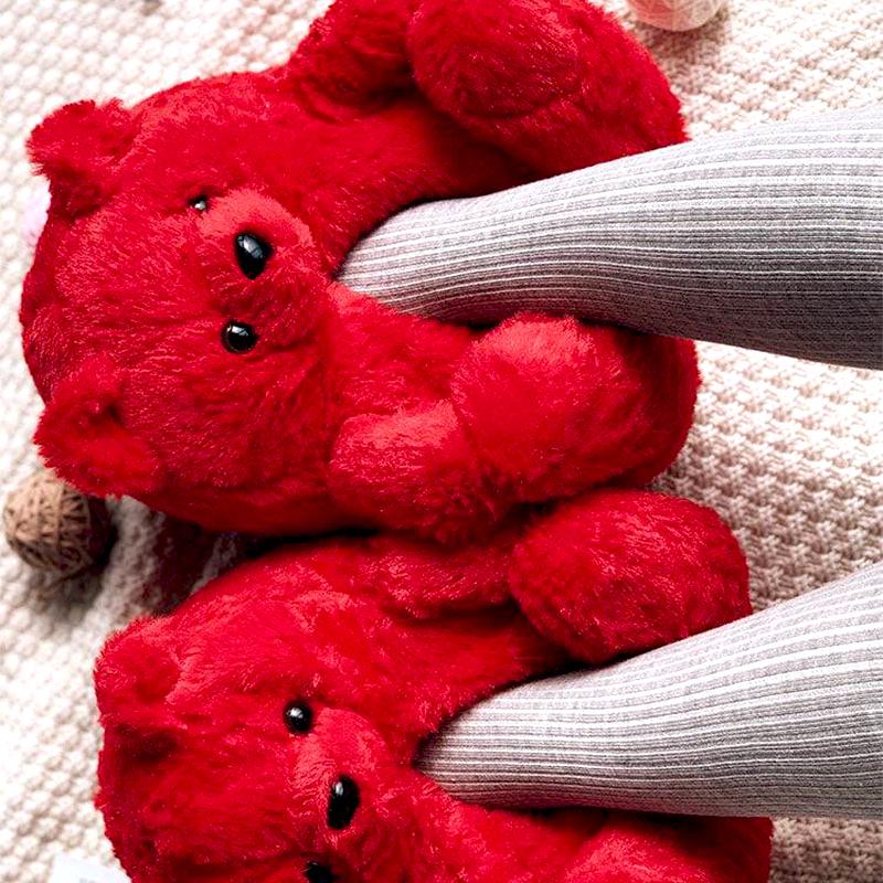 Cute Teddy Bear Plush Winter Slippers wrapped Heel Funny Indoor Floor Shoes Women Gift warm Soft Cartoon Fluffy Animal Slippers 35