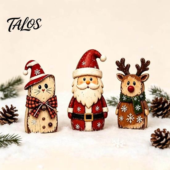 Small Decorative Figurines for Home Christmas Wooden Tabletop Figurine, Hand Painted Santa Reindeer Cat Decor, Rustic Festive Crafts Wood Holiday
