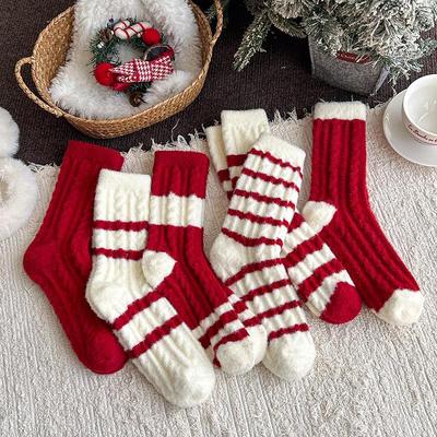 Women's Red Striped Fleece-Lined Wool Socks: Thick, Mid-Calf Sleep Socks for Winter and New Year