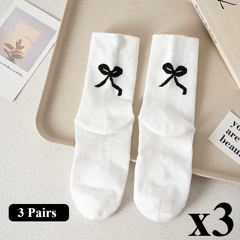 3 Pairs New Mid-calf Socks with Cute Bow At The Heel Women's Slouch Socks Spring/Summer