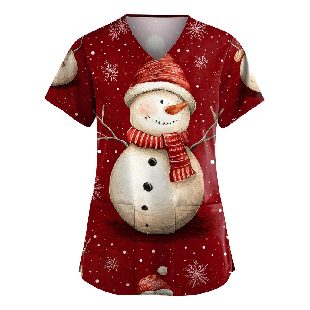 Women's Fashion V-Neck Short-Sleeved Workwear With Pockets Christmas Print Top Caregiver Uniform